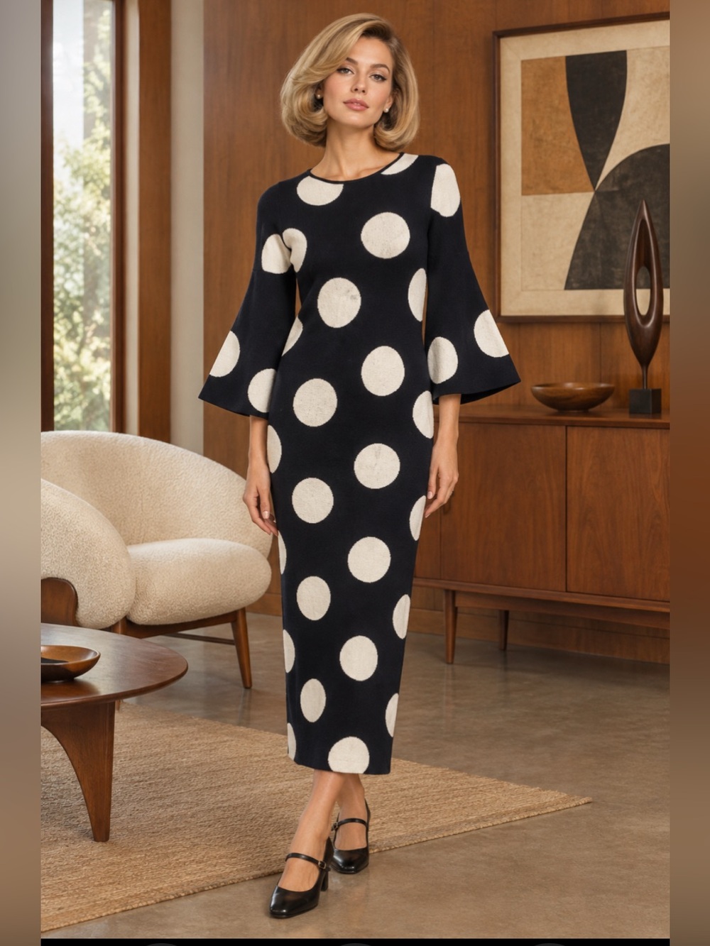 Anthropologie Mod Polka Dot Sweater Dress Size S Retro Bodycon Bell Sleeve 60’s
